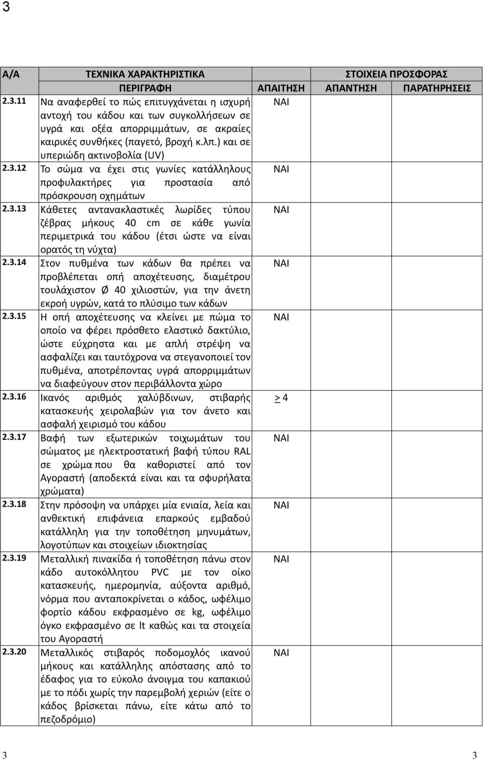 3.14 Στον πυθμένα των κάδων θα πρέπει να ΝΑΙ προβλέπεται οπή αποχέτευσης, διαμέτρου τουλάχιστον Ø 40 χιλιοστών, για την άνετη εκροή υγρών, κατά το πλύσιμο των κάδων 2.3.15 Η οπή αποχέτευσης να