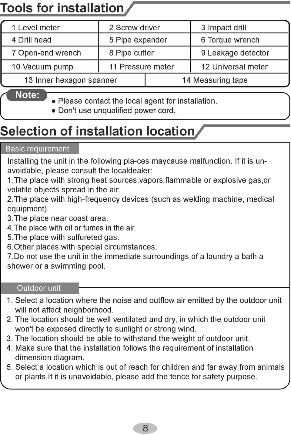 Selection of installation location Basic requirement Installing the unit in the following pla-ces maycause malfunction. If it is unavoidable, please consult the localdealer: 1.