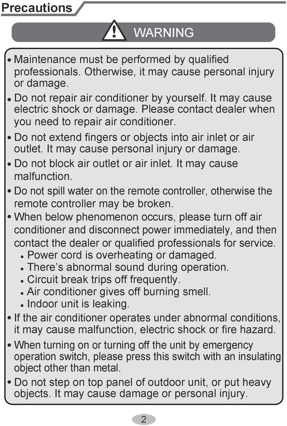 It may cause personal injury or damage. Do not block air outlet or air inlet. It may cause malfunction. Do not spill water on the remote controller, otherwise the remote controller may be broken.
