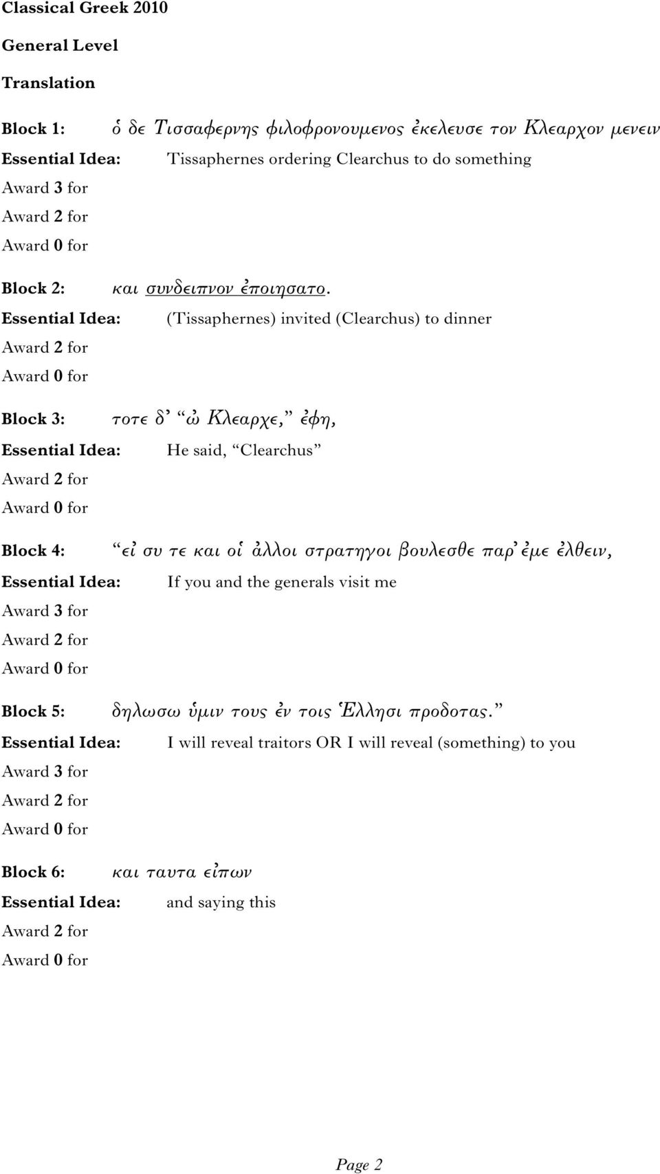 (Tissaphernes) invited (Clearchus) to dinner Block 3: τοτε δ Κλεαρχε, φη, He said, Clearchus Block 4: ε συ τε και ο αλλοι στρατηγοι