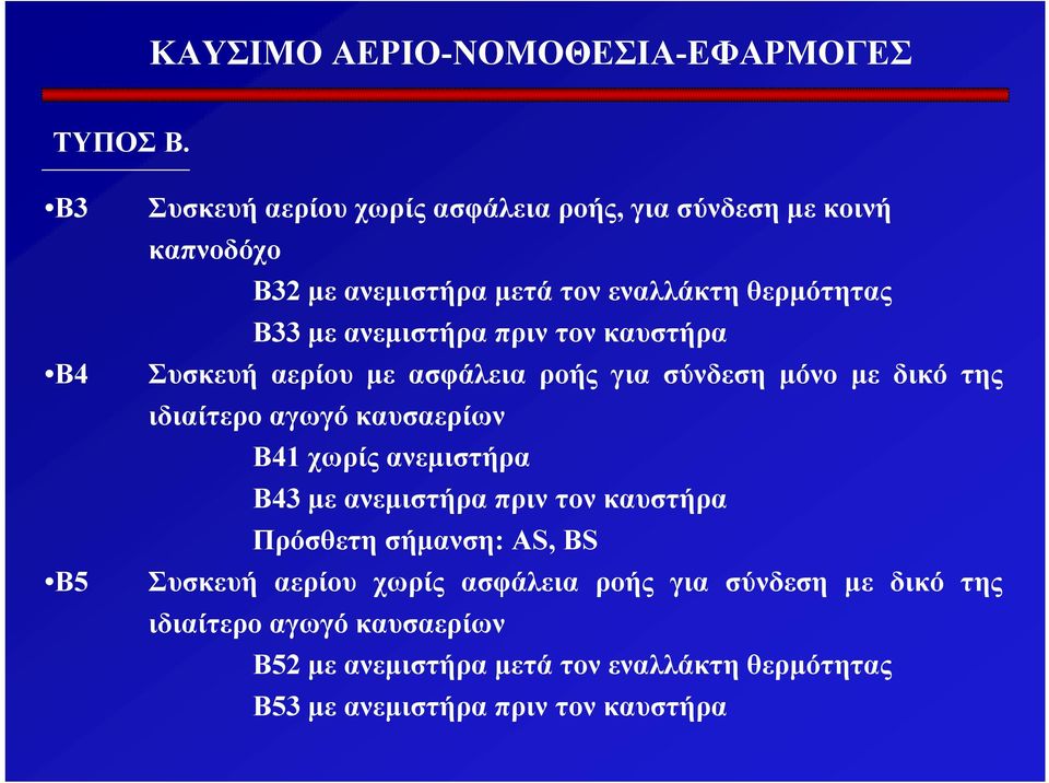 B33 µε ανεµιστήρα πριν τον καυστήρα Συσκευή αερίου µε ασφάλεια ροής για σύνδεση µόνο µε δικό της ιδιαίτερο αγωγό καυσαερίων