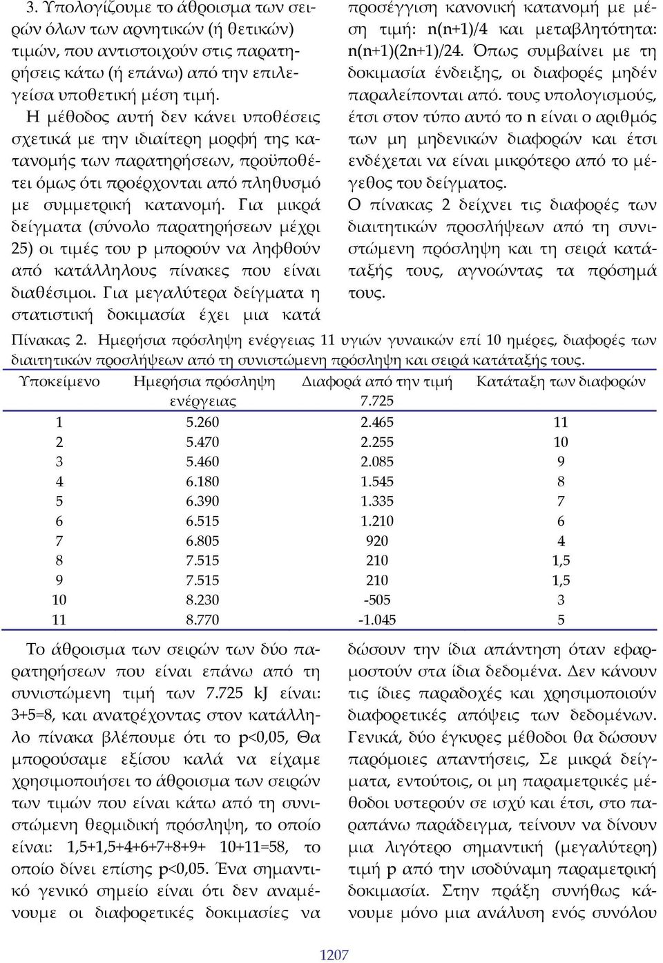 Για μικρά δείγματα (σύνολο παρατηρήσεων μέχρι 25) οι τιμές του p μπορούν να ληφθούν από κατάλληλους πίνακες που είναι διαθέσιμοι.