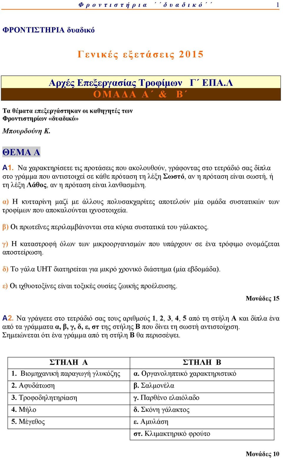 Να χαρακτηρίσετε τις προτάσεις που ακολουθούν, γράφοντας στο τετράδιό σας δίπλα στο γράμμα που αντιστοιχεί σε κάθε πρόταση τη λέξη Σωστό, αν η πρόταση είναι σωστή, ή τη λέξη Λάθος, αν η πρόταση είναι