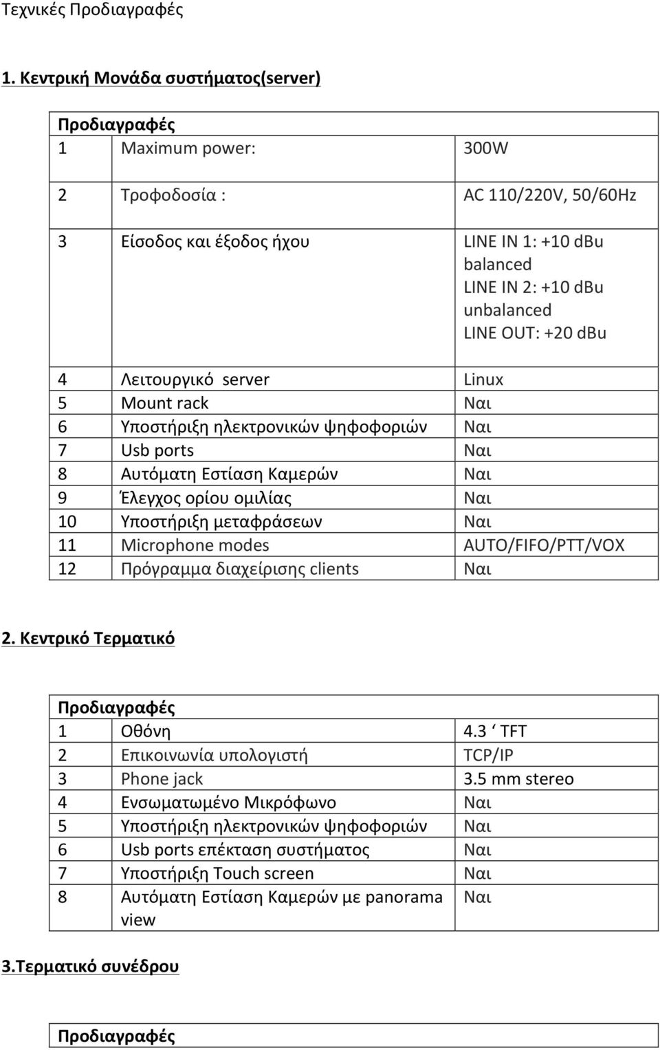 dbu 4 Λειτουργικό server Linux 5 Mount rack Ναι 6 Υποστήριξη ηλεκτρονικών ψηφοφοριών Ναι 7 Usb ports Ναι 8 Αυτόματη Εστίαση Καμερών Ναι 9 Έλεγχος ορίου ομιλίας Ναι 10 Υποστήριξη μεταφράσεων Ναι