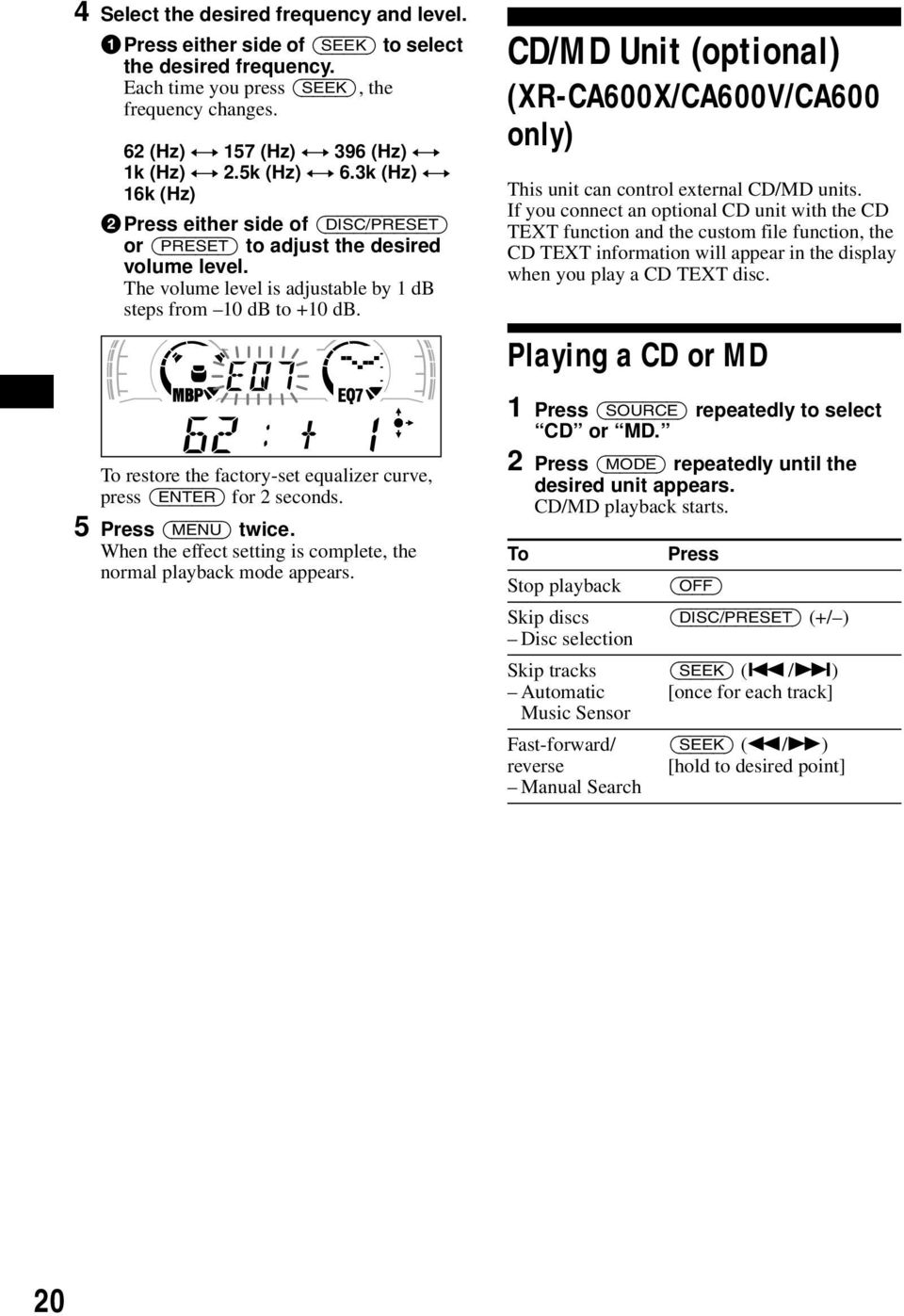 CD/MD Unit (optional) (XR-CA600X/CA600V/CA600 only) This unit can control external CD/MD units.