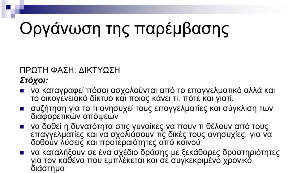 συζήτηση για το τι ανησυχεί τους επαγγελματίες και σύγκλιση των διαφορετικών απόψεων να δοθεί η δυνατότητα στις γυναίκες να πουν τι θέλουν