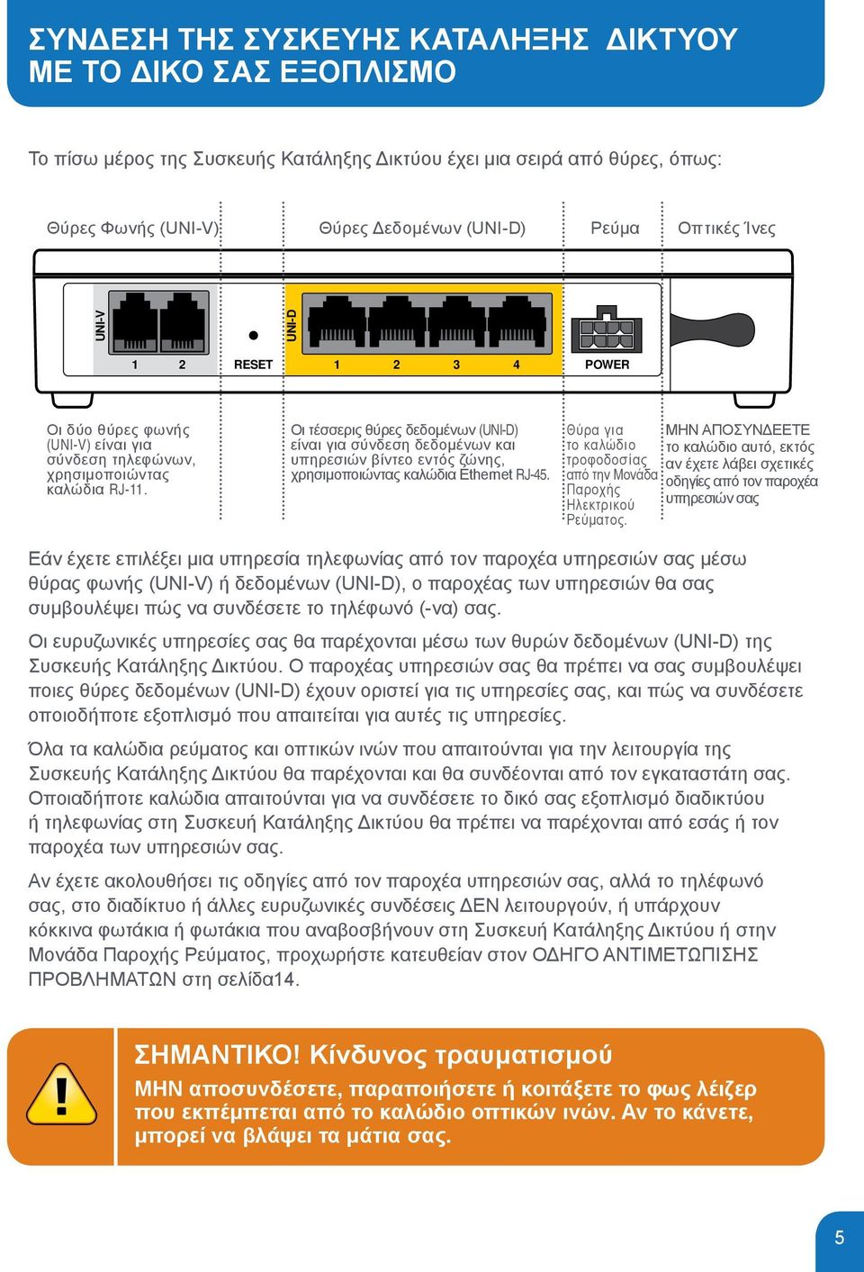 Οι τέσσερις θύρες δεδομένων (UNI-D) είναι για σύνδεση δεδομένων και υπηρεσιών βίντεο εντός ζώνης, χρησιμοποιώντας καλώδια Ethernet RJ-45.