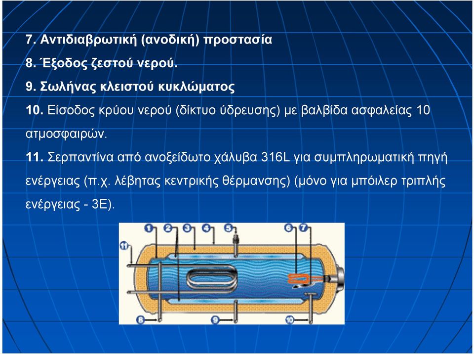 Είσοδος κρύου νερού (δίκτυο ύδρευσης) με βαλβίδα ασφαλείας 10 ατμοσφαιρών. 11.