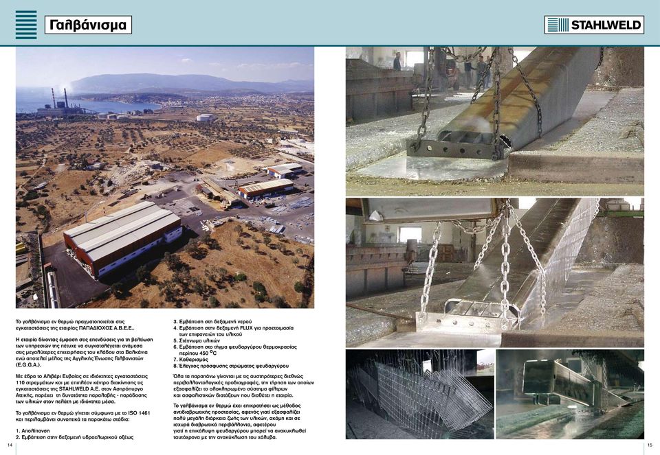 Ένωσης Γαλβανιστών (E.G.G.A.). 3. Εμβάπτιση στη δεξαμενή νερού 4. Εμβάπτιση στην δεξαμενή FLUX για προετοιμασία των επιφανειών του υλικού 5. Στέγνωμα υλικών 6.