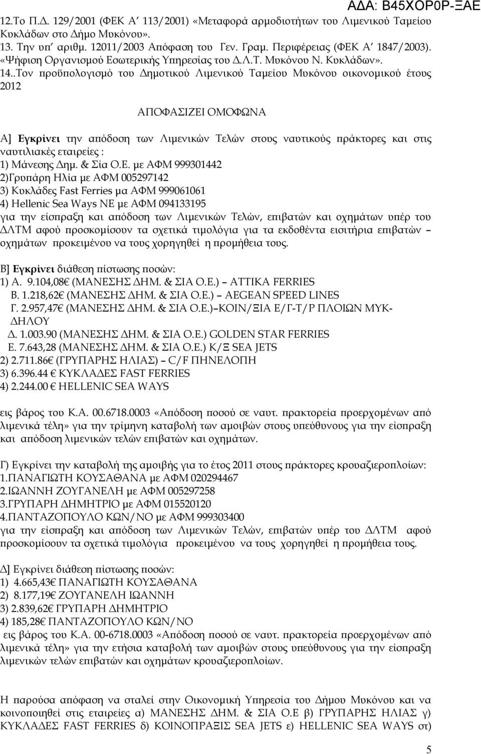 .Τον προϋπολογισμό του Δημοτικού Λιμενικού Ταμείου Μυκόνου οικονομικού έτους 2012 ΑΠΟΦΑΣΙΖΕΙ ΟΜΟΦΩΝΑ Α] Εγκρίνει την απόδοση των Λιμενικών Τελών στους ναυτικούς πράκτορες και στις ναυτιλιακές