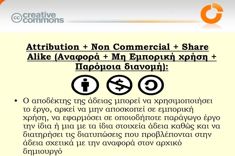 να εφαρμόσει σε οποιοδήποτε παράγωγο έργο την ίδια ή μια με τα ίδια στοιχεία άδεια καθώς και να