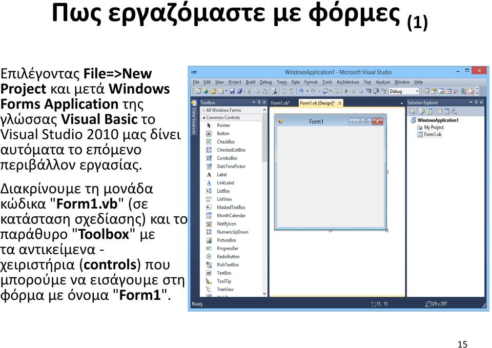 εργασίας. Διακρίνουμε τη μονάδα κώδικα "Form1.