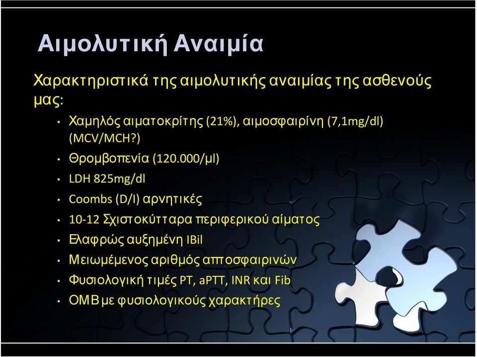 000/µl) LDH 825mg/dl Coombs (D/I) αρνητικές 10-12 Σχιστοκύτταρα περιφερικού αίµατος Ελαφρώς