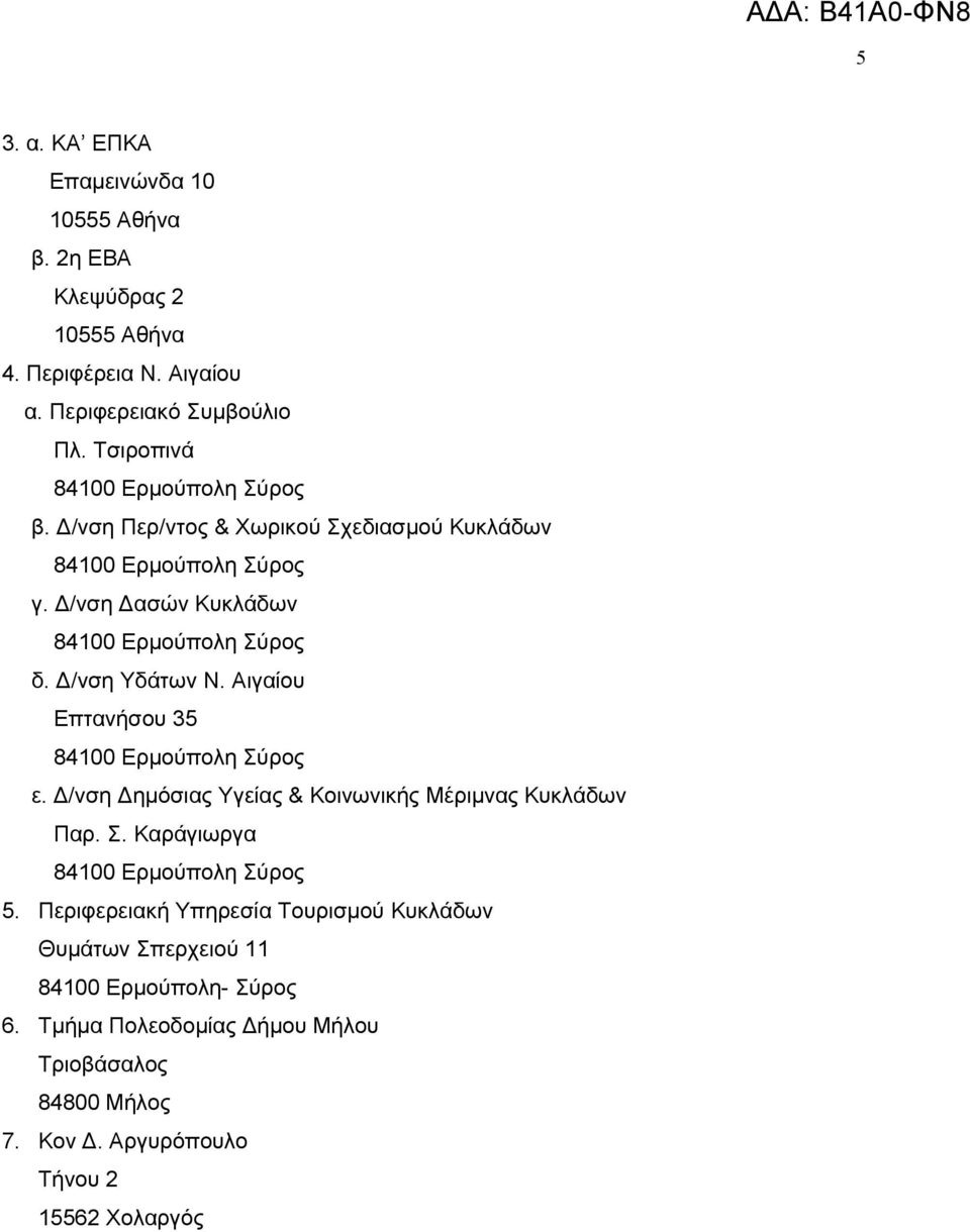 Αιγαίου Επτανήσου 35 ε. Δ/νση Δημόσιας Υγείας & Κοινωνικής Μέριμνας Κυκλάδων Παρ. Σ. Καράγιωργα 5.