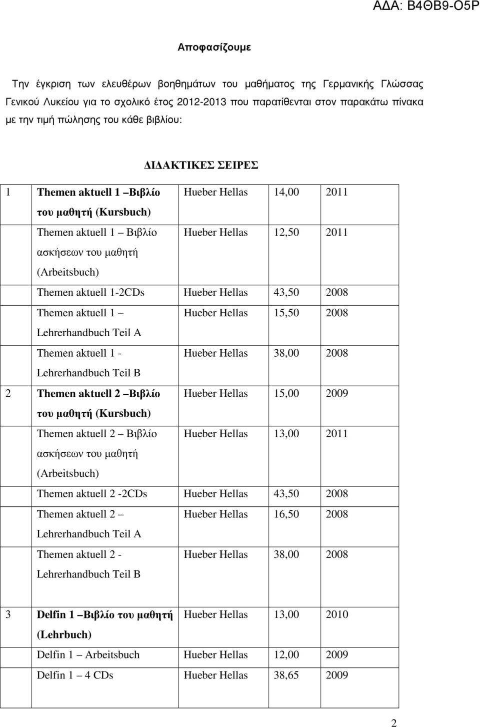 2008 Themen aktuell 1 Hueber Hellas 15,50 2008 Lehrerhandbuch Teil A Themen aktuell 1 - Hueber Hellas 38,00 2008 Lehrerhandbuch Teil B 2 Themen aktuell 2 Βιβλίο Hueber Hellas 15,00 2009 του µαθητή