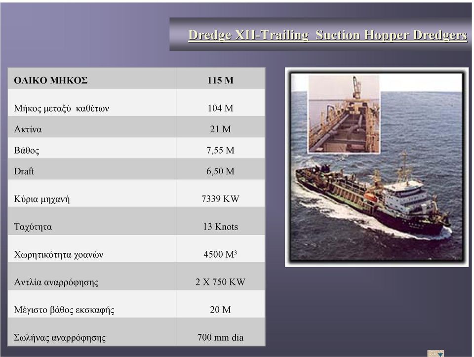 Μ 6,50 Μ 7339 KW 13 Knots Χωρητικότητα χοανών 4500 M 3 Αντλία