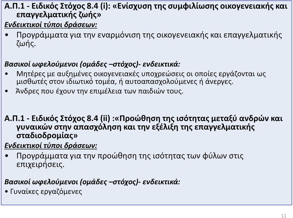 Μητέρες με αυξημένες οικογενειακές υποχρεώσεις οι οποίες εργάζονται ως μισθωτές στον ιδιωτικό τομέα, ή αυτοαπασχολούμενες ή άνεργες.