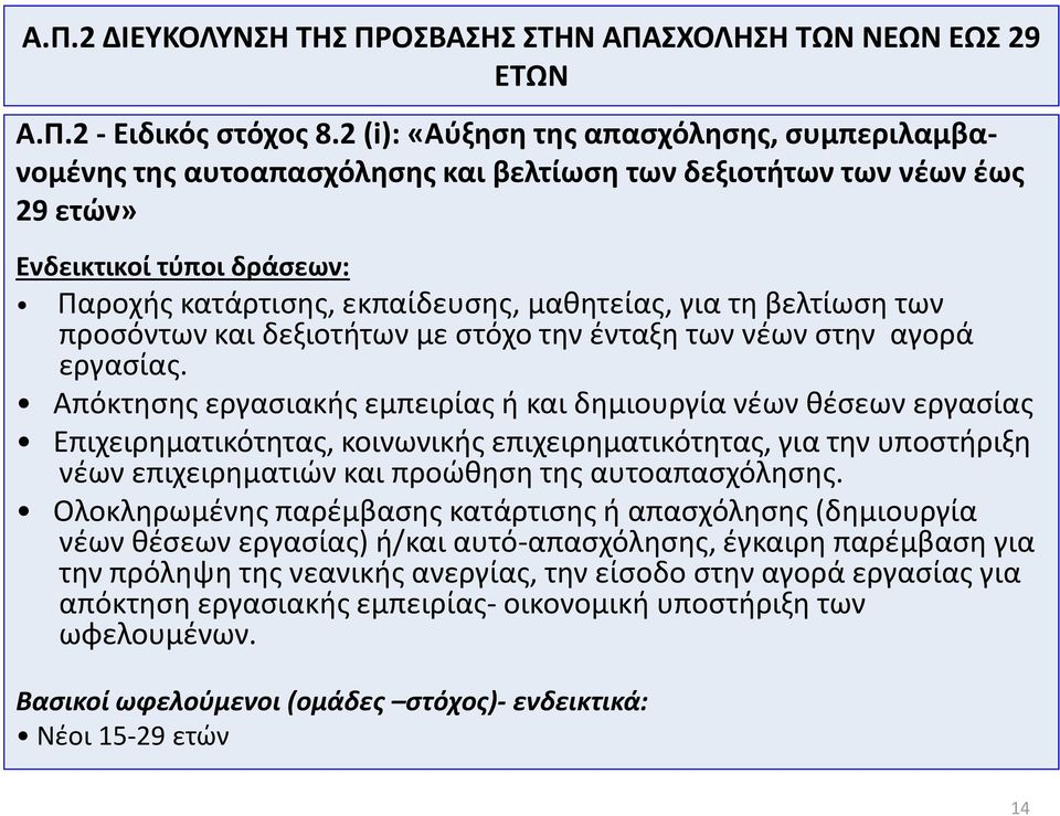 δεξιοτήτων με στόχο την ένταξη των νέων στην αγορά εργασίας.