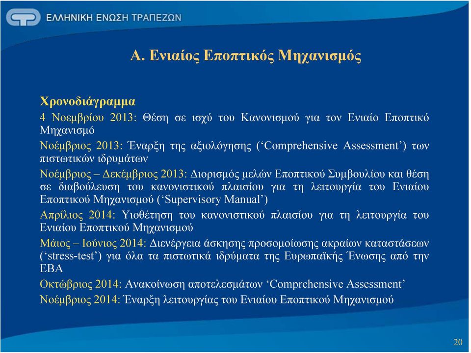 Manual ) Απρίλιος 2014: Υιοθέτηση του κανονιστικού πλαισίου για τη λειτουργία του Ενιαίου Εποπτικού Μηχανισμού Μάιος Ιούνιος 2014: Διενέργεια άσκησης προσομοίωσης ακραίων καταστάσεων ( stress-test )