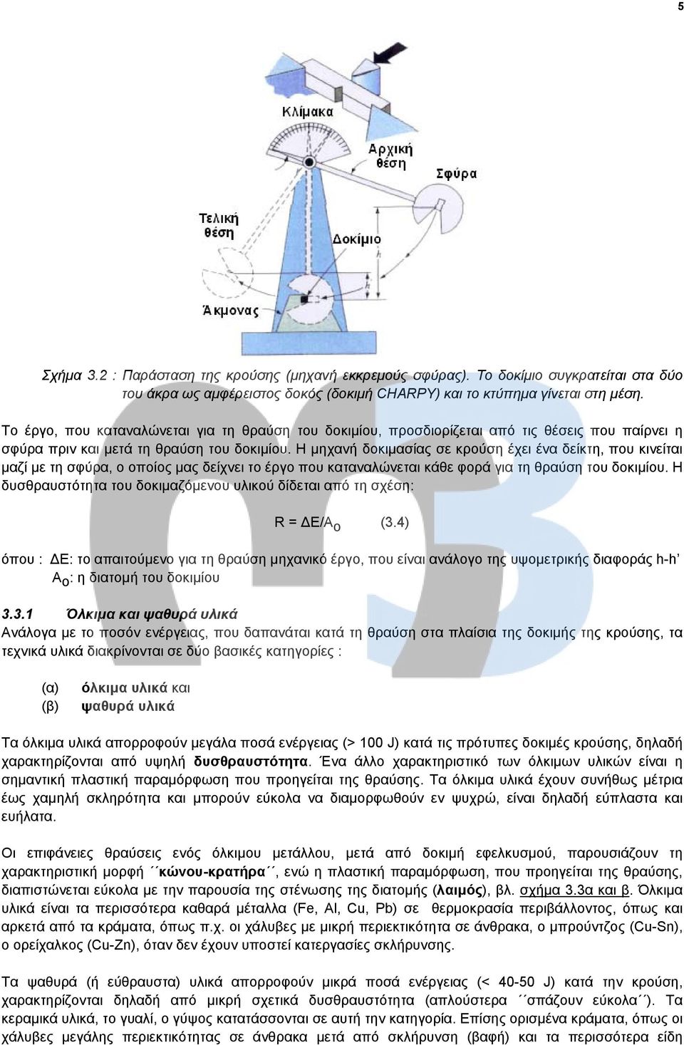 Η μηχανή δοκιμασίας σε κρούση έχει ένα δείκτη, που κινείται μαζί με τη σφύρα, ο οποίος μας δείχνει το έργο που καταναλώνεται κάθε φορά για τη θραύση του δοκιμίου.