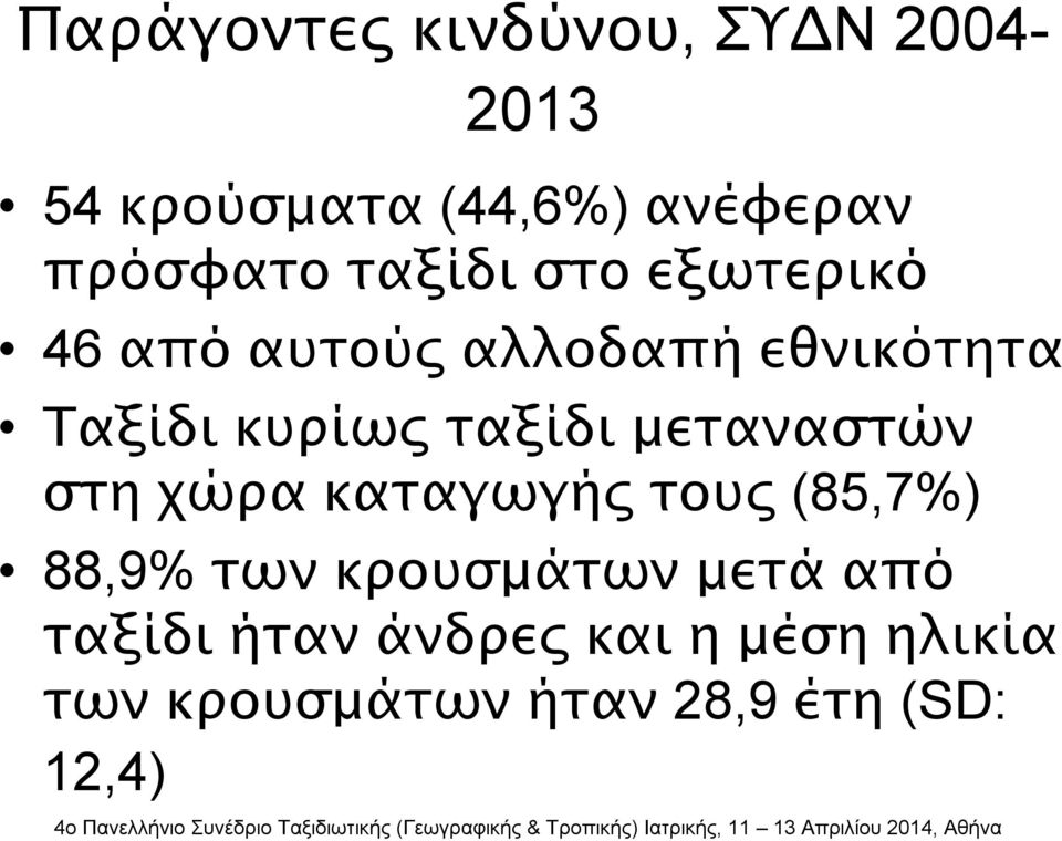 ταξίδι μεταναστών στη χώρα καταγωγής τους (85,7%) 88,9% των κρουσμάτων