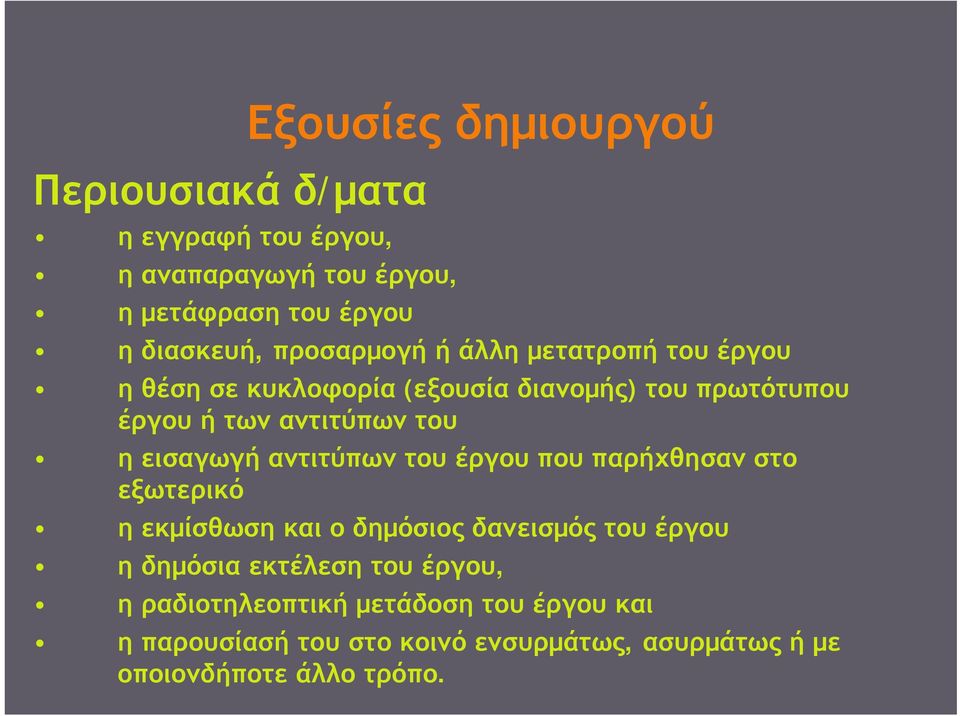 εισαγωγή αντιτύπων του έργου που παρήχθησαν στο εξωτερικό η εκμίσθωση και ο δημόσιος δανεισμός του έργου η δημόσια εκτέλεση