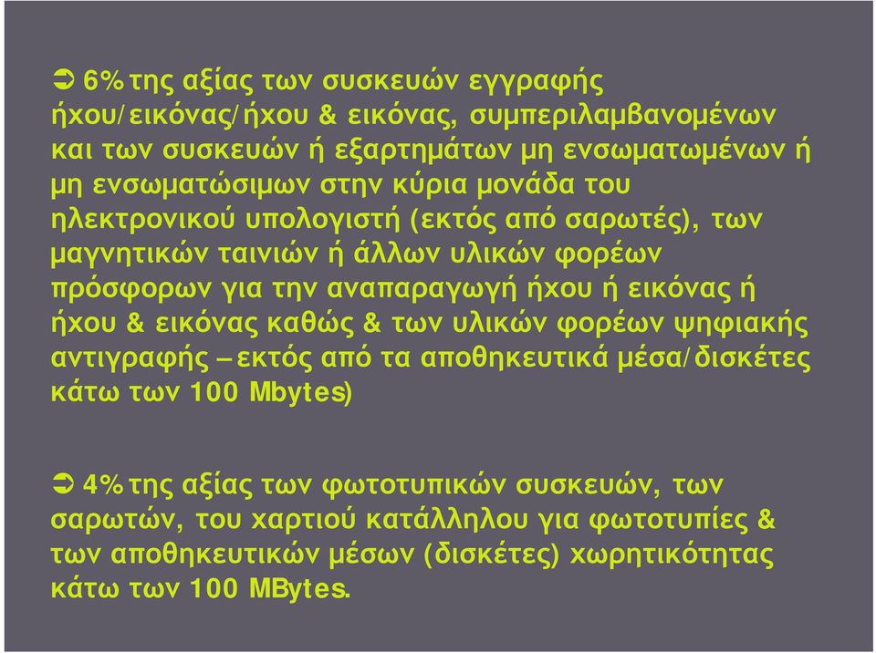 αναπαραγωγή ήχου ή εικόνας ή ήχου & εικόνας καθώς & των υλικών φορέων ψηφιακής αντιγραφής εκτός από τα αποθηκευτικά μέσα/δισκέτες κάτω των 100