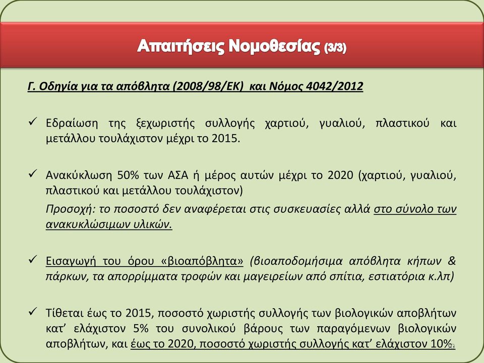 ανακυκλώσιμων υλικών. Εισαγωγή του όρου «βιοαπόβλητα» (βιοαποδομήσιμα απόβλητα κήπων & πάρκων, τα απορρίμματα τροφών και μαγειρείων από σπίτια, εστιατόρια κ.