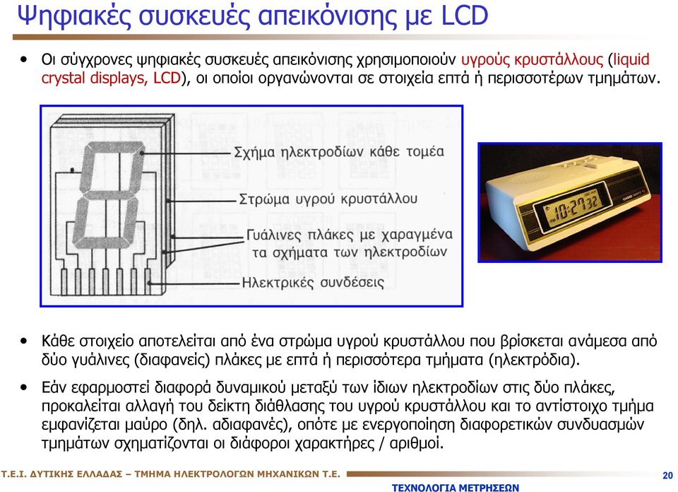 Κάθε στοιχείο αποτελείται από ένα στρώμα υγρού κρυστάλλου που βρίσκεται ανάμεσα από δύο γυάλινες (διαφανείς) πλάκες με επτά ή περισσότερα τμήματα (ηλεκτρόδια).