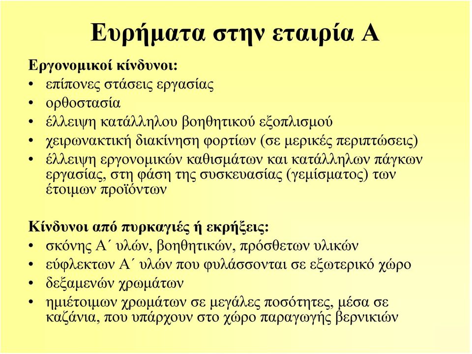 (γεμίσματος) των έτοιμων προϊόντων Κίνδυνοι από πυρκαγιές ή εκρήξεις: σκόνης Α υλών, βοηθητικών, πρόσθετων υλικών εύφλεκτων Α υλών που