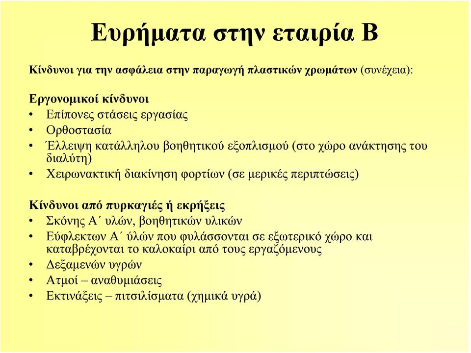 φορτίων (σε μερικές περιπτώσεις) Κίνδυνοι από πυρκαγιές ή εκρήξεις Σκόνης Α υλών, βοηθητικών υλικών Εύφλεκτων Α ύλών που