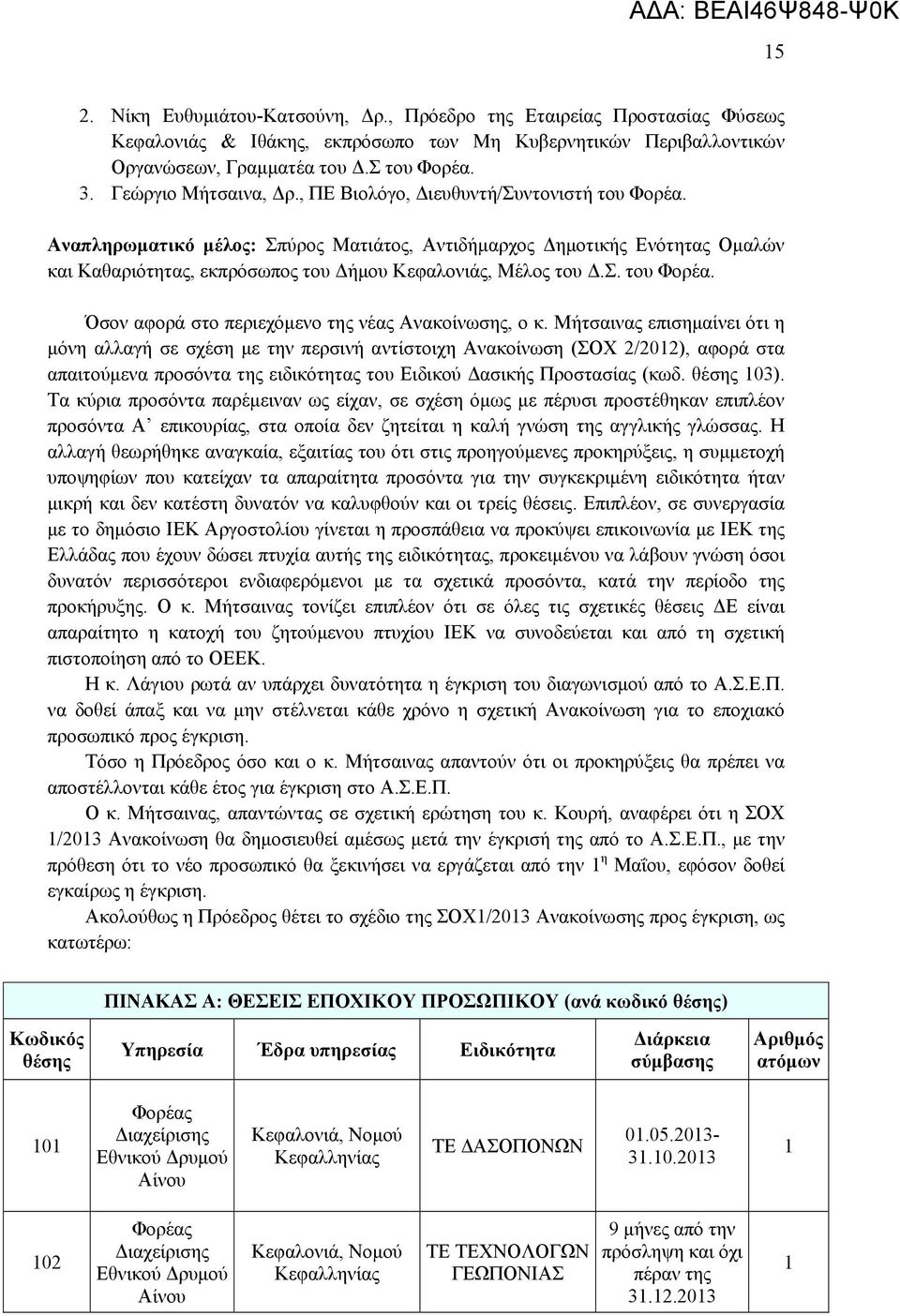 Αναπληρωματικό μέλος: Σπύρος Ματιάτος, Αντιδήμαρχος Δημοτικής Ενότητας Ομαλών και Καθαριότητας, εκπρόσωπος του Δήμου Κεφαλονιάς, Μέλος του Δ.Σ. του Φορέα.