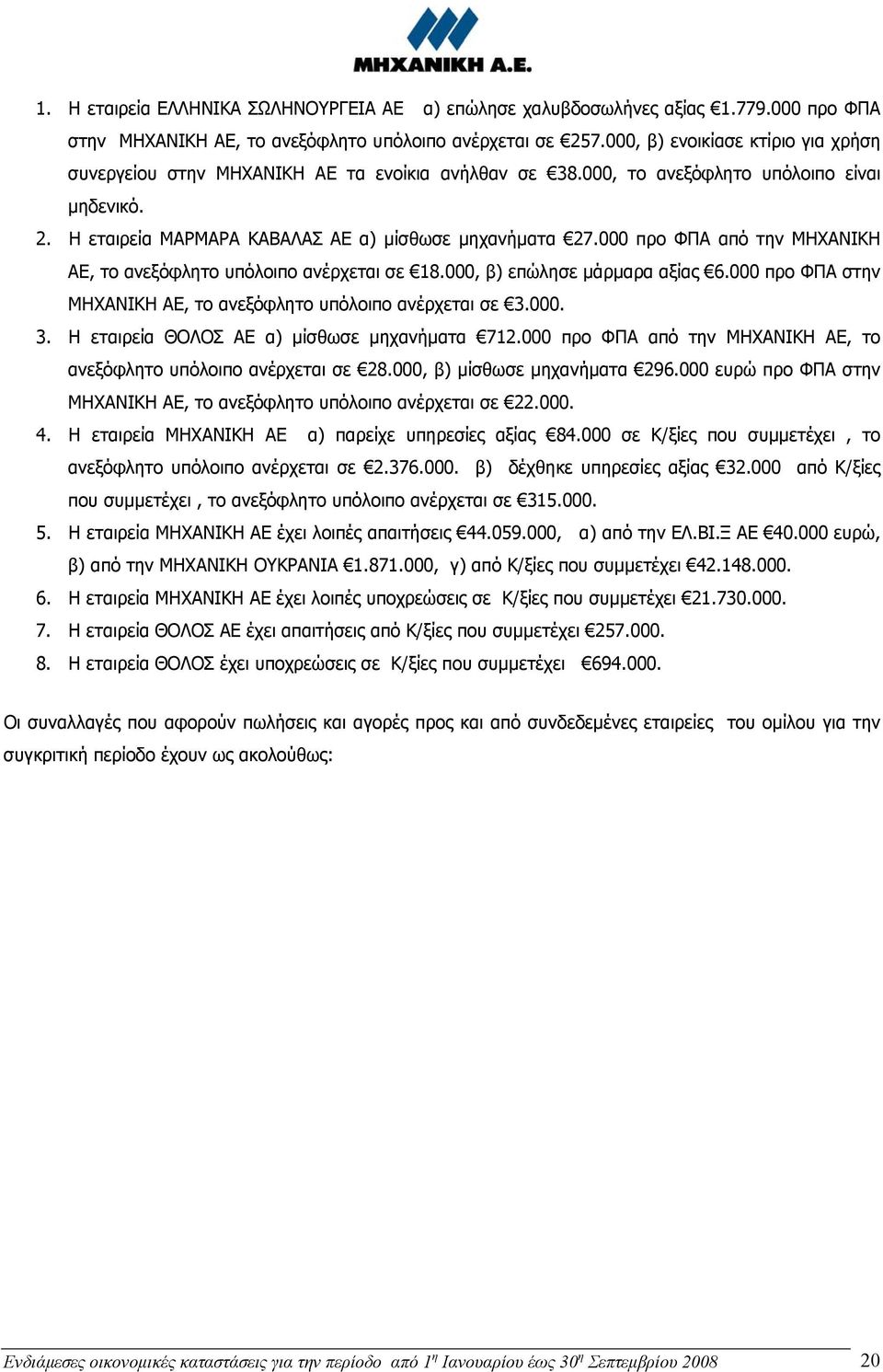 000 προ ΦΠΑ από την ΜΗΧΑΝΙΚΗ ΑΕ, το ανεξόφλητο υπόλοιπο ανέρχεται σε 18.000, β) επώλησε μάρμαρα αξίας 6.000 προ ΦΠΑ στην ΜΗΧΑΝΙΚΗ ΑΕ, το ανεξόφλητο υπόλοιπο ανέρχεται σε 3.