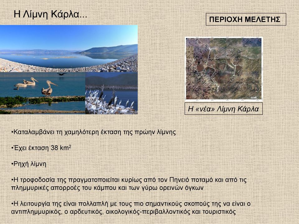 km 2 Ρηχή λίμνη Η τροφοδοσία της πραγματοποιείται κυρίως από τον Πηνειό ποταμό και από τις πλημμυρικές