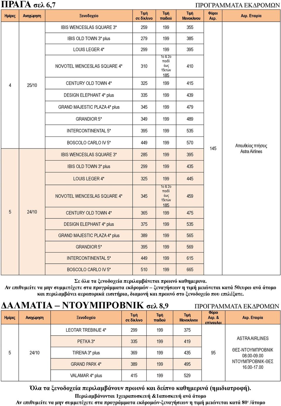 SQUARE 3* 285 199 395 IBIS OLD TOWN 3* plus 299 199 435 LOUIS LEGER 4* 325 199 445 145 Απευθείας πτήσεις Astra Airlines NOVOTEL WENCESLAS SQUARE 4* 345 1ο & 2ο παιδί έως 15ετών 185 459 CENTURY OLD