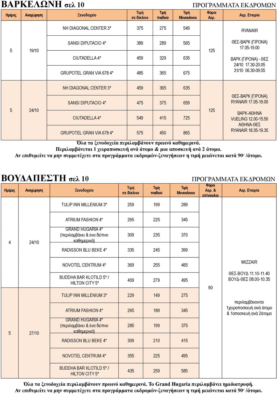 55 NH DIAGONAL CENTER 3* 459 365 635 SANSI DIPUTACIO 4* 475 375 659 CIUTADELLA 4* 549 415 725 GRUPOTEL GRAN VIA 678 4* 575 450 865 ΘΕΣ-ΒAΡΚ (ΓΙΡΟΝΑ) RYANAIR 17.05-19.00 ΒAΡΚ-AΘΗΝΑ VUELING 12.00-15.