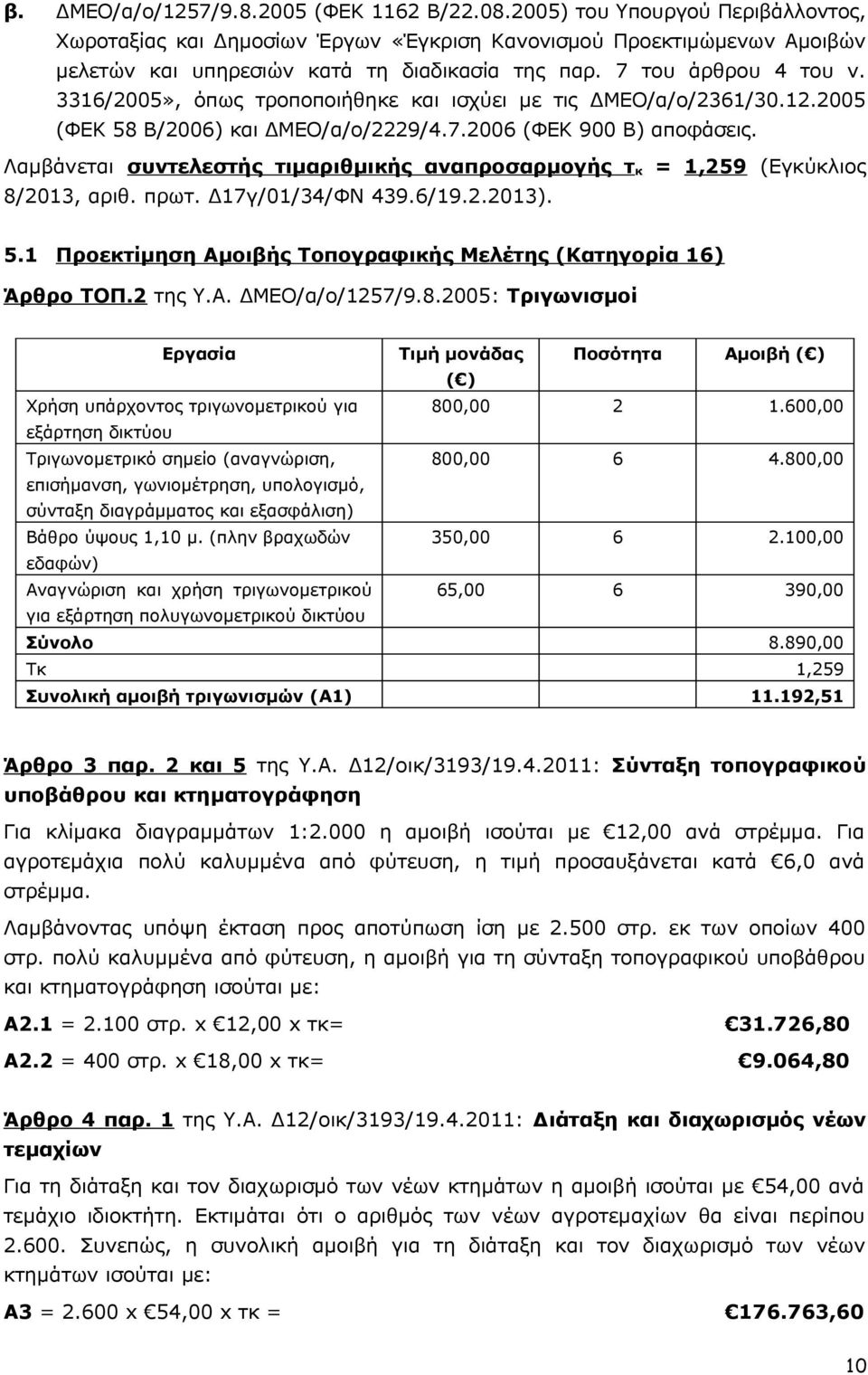 Λαμβάνεται συντελεστής τιμαριθμικής αναπροσαρμογής τ κ =,59 (Εγκύκλιος 8/03, αριθ. πρωτ. Δ7γ/0/34/ΦΝ 439.6/9..03). 5. Προεκτίμηση Αμοιβής Τοπογραφικής Μελέτης (Κατηγορία 6) Άρθρο ΤΟΠ. της Υ.Α. ΔΜΕΟ/α/ο/57/9.