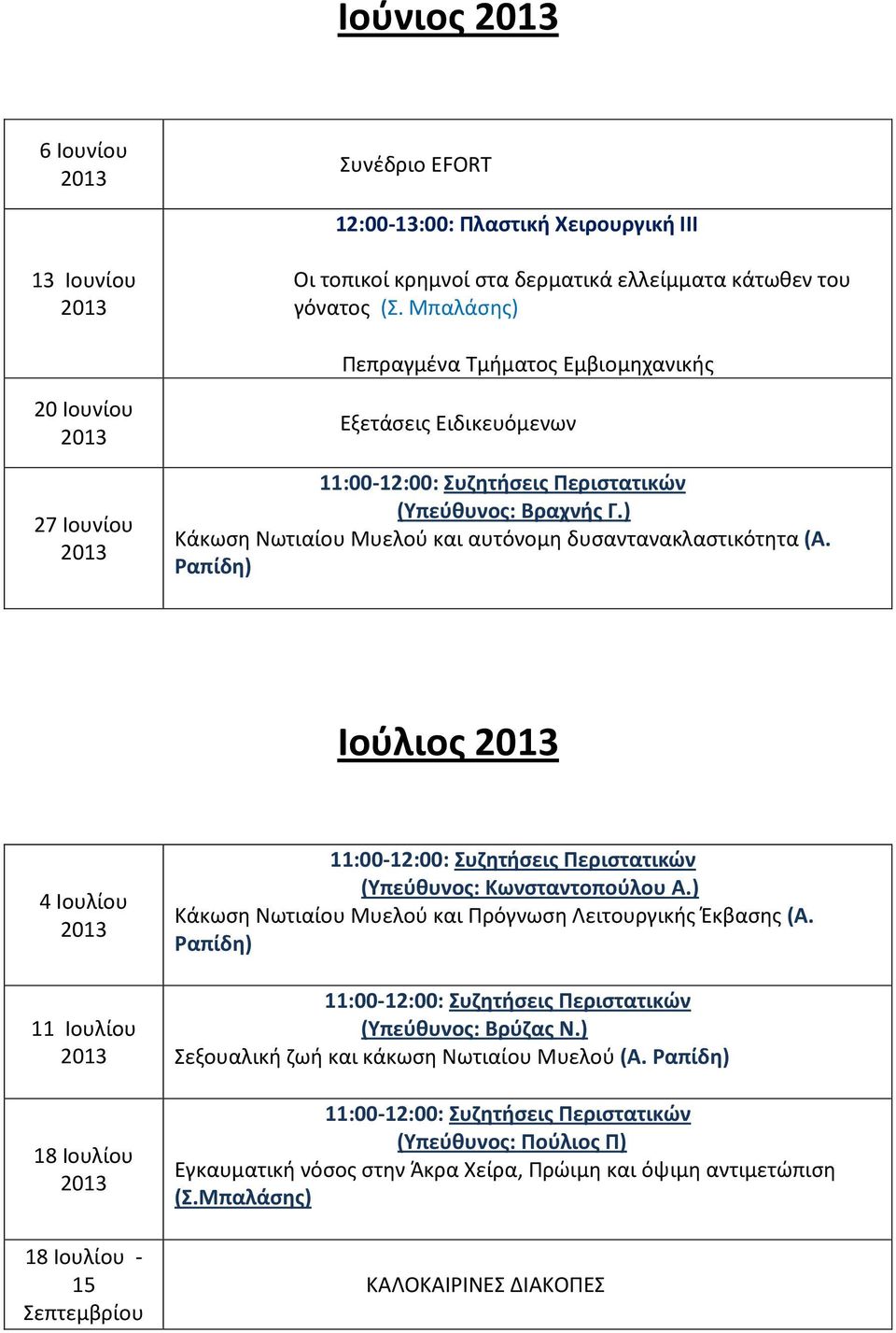 Ραπίδη) Ιούλιος 4 Ιουλίου 11 Ιουλίου 18 Ιουλίου 18 Ιουλίου - 15 Σεπτεμβρίου (Υπεύθυνος: Κωνσταντοπούλου Α.) Κάκωση Νωτιαίου Μυελού και Πρόγνωση Λειτουργικής Έκβασης (Α.