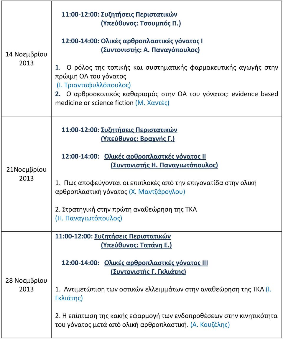 Ο αρθροσκοπικός καθαρισμός στην ΟΑ του γόνατος: evidence based medicine or science fiction (Μ. Χαντές) (Υπεύθυνος: Βραχνής Γ.) 21Νοεμβρίου 12:00-14:00: Ολικές αρθροπλαστκές γόνατος ΙΙ (Συντονιστής Η.