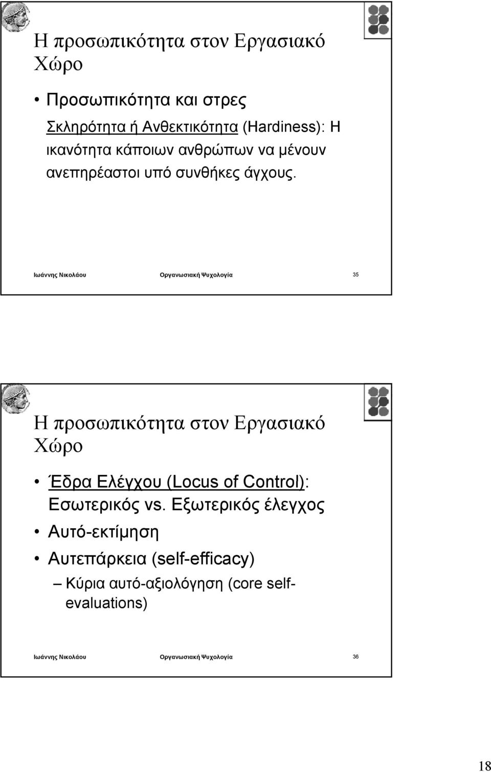 Ιωάννης Νικολάου Οργανωσιακή Ψυχολογία 35 Η προσωπικότητα στον Εργασιακό Έδρα Ελέγχου (Locus of Control):