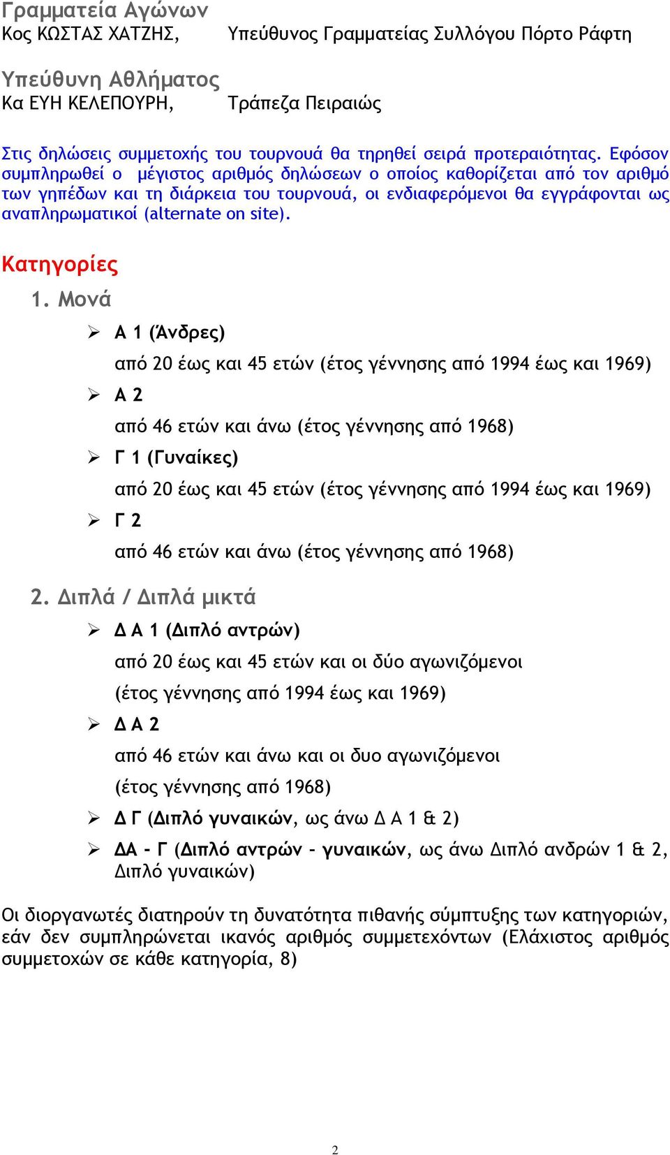 Εφόσον συμπληρωθεί ο μέγιστος αριθμός δηλώσεων ο οποίος καθορίζεται από τον αριθμό των γηπέδων και τη διάρκεια του τουρνουά, οι ενδιαφερόμενοι θα εγγράφονται ως αναπληρωματικοί (alternate on site).