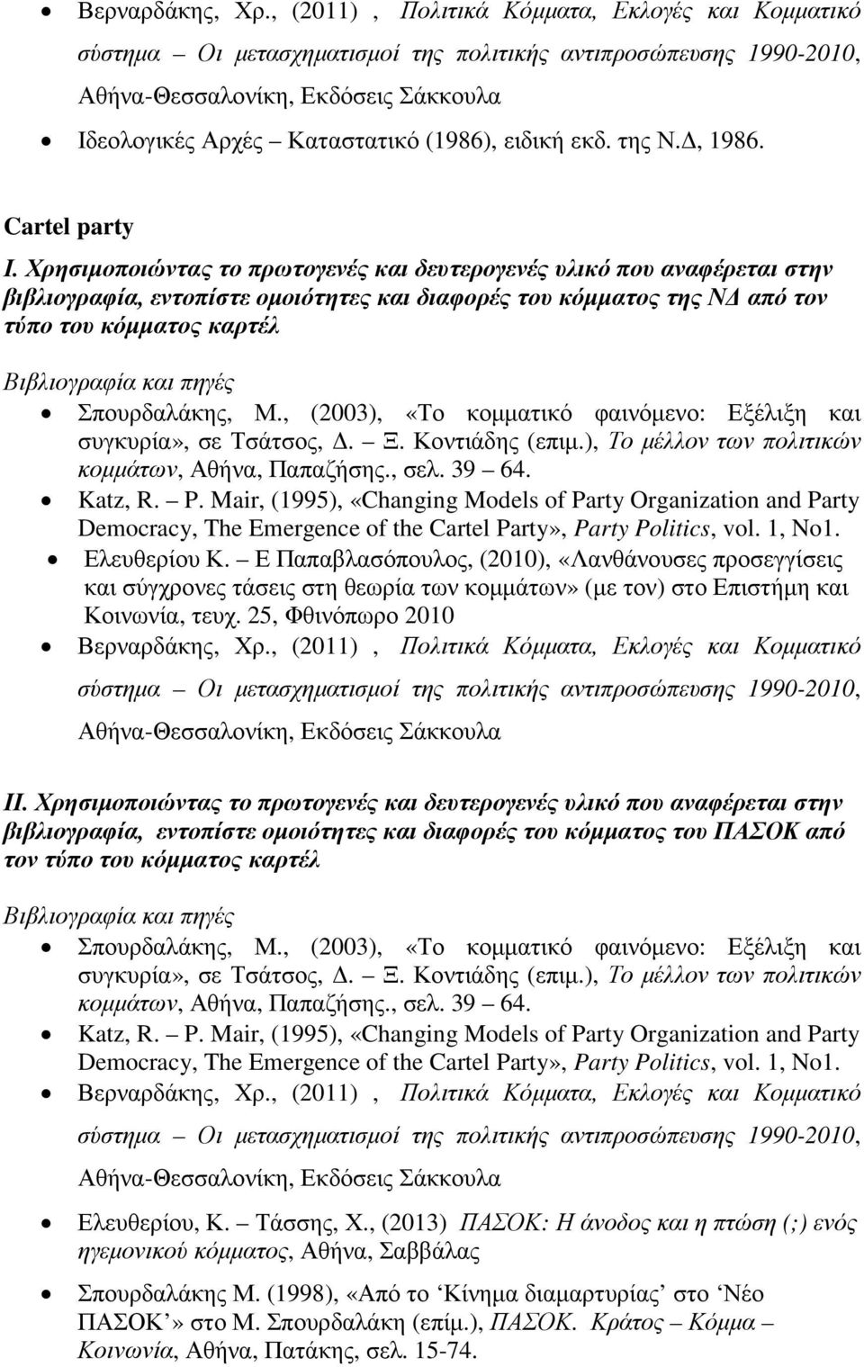 Mair, (1995), «Changing Models of Party Organization and Party Democracy, The Emergence of the Cartel Party», Party Politics, vol. 1, No1. Ελευθερίου Κ.