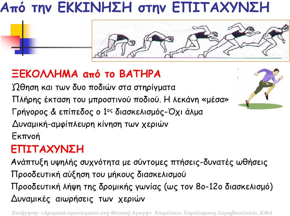 Ηλεκάνη«µέσα» Γρήγορος & επίπεδος ο 1 ος διασκελισµός-όχι άλµα υναµική-αµφίπλευρη κίνηση των χεριών Εκπνοή