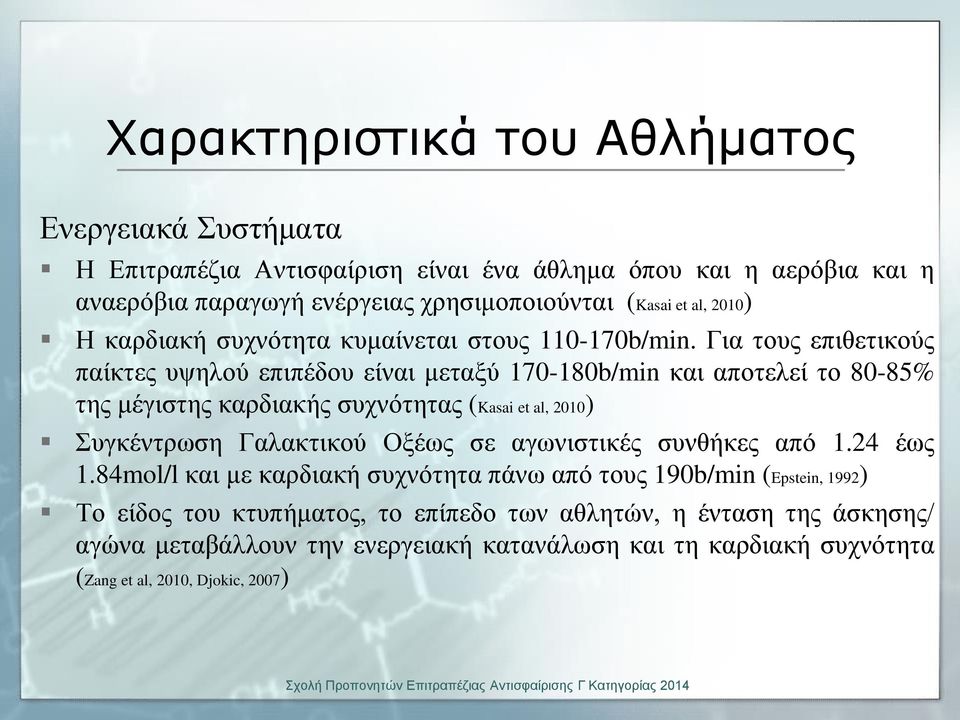 Για τους επιθετικούς παίκτες υψηλού επιπέδου είναι μεταξύ 170-180b/min και αποτελεί το 80-85% της μέγιστης καρδιακής συχνότητας (Kasai et al, 2010) Συγκέντρωση Γαλακτικού