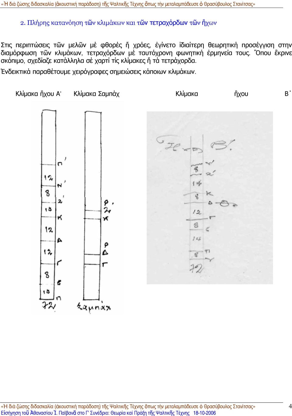 φωνητική ἑρμηνεία τους. Ὃπου ἒκρινε σκόπιμο, σχεδίαζε κατάλληλα σέ χαρτί τίς κλίμακες ἤ τά τετράχορδα.