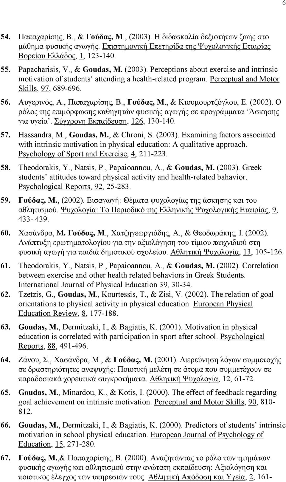 , Γούδας, Μ., & Κιουμουρτζόγλου, Ε. (2002). Ο ρόλος της επιμόρφωσης καθηγητών φυσικής αγωγής σε προγράμματα Άσκησης για υγεία. Σύγχρονη Εκπαίδευση, 126, 130-140. 57. Hassandra, M., Goudas, M.