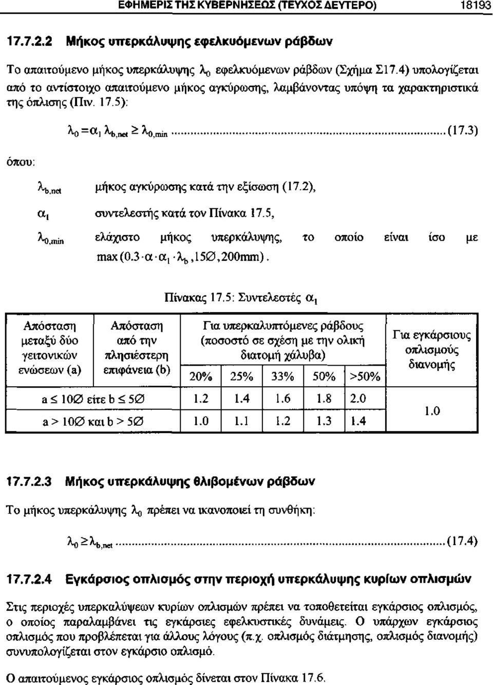 2), α συντελεστής κατά τον Πίνακα 17.5, ελάχιστο μήκος υπερκάλυψης, το πΐ3χ (0.3 - α α, \, 150,200ιηπι). οποίο είναι ίσο με Πίνακας 17.5: Συντελεστές α!