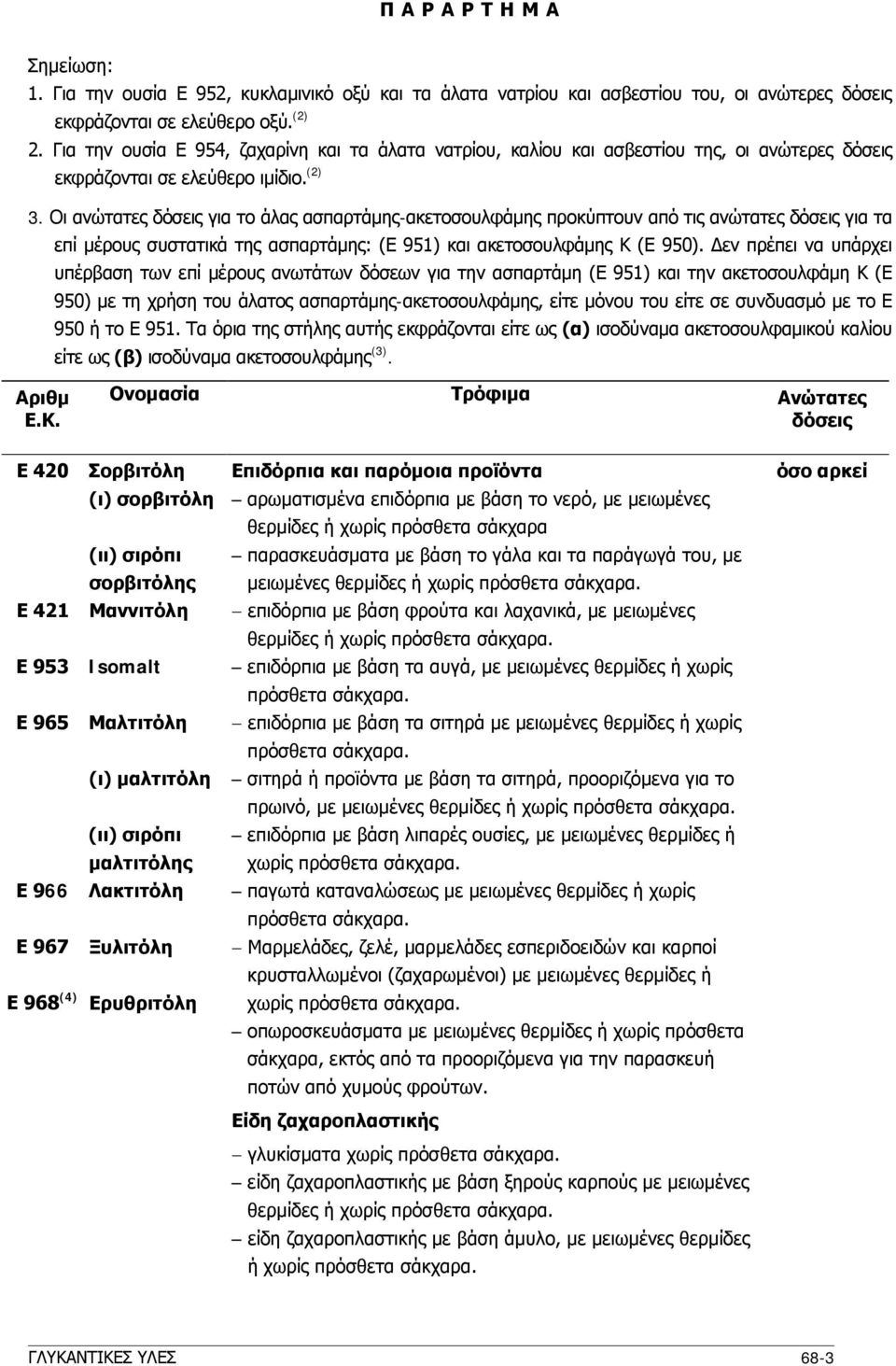 Οι ανώτατες για το άλας ασπαρτάμης-ακετοσουλφάμης προκύπτουν από τις ανώτατες για τα επί μέρους συστατικά της ασπαρτάμης: (Ε 951) και ακετοσουλφάμης Κ (Ε 950).