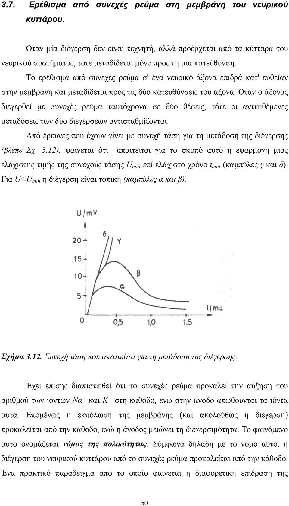 Το ερέθισµα από συνεχές ρεύµα σ' ένα νευρικό άξονα επιδρά κατ' ευθείαν στην µεµβράνη και µεταδίδεται προς τις δύο κατευθύνσεις του άξονα.