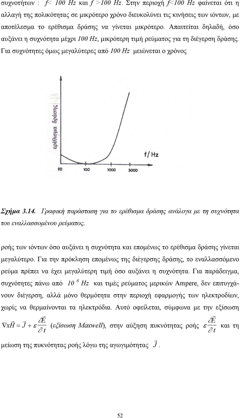 Απαιτείται δηλαδή, όσο αυξάνει η συχνότητα µέχρι 100 Hz, µικρότερη τιµή ρεύµατος για τη διέγερση δράσης. Για συχνότητες όµως µεγαλύτερες από 100 Hz µειώνεται ο χρόνος Σχήµα 3.14.